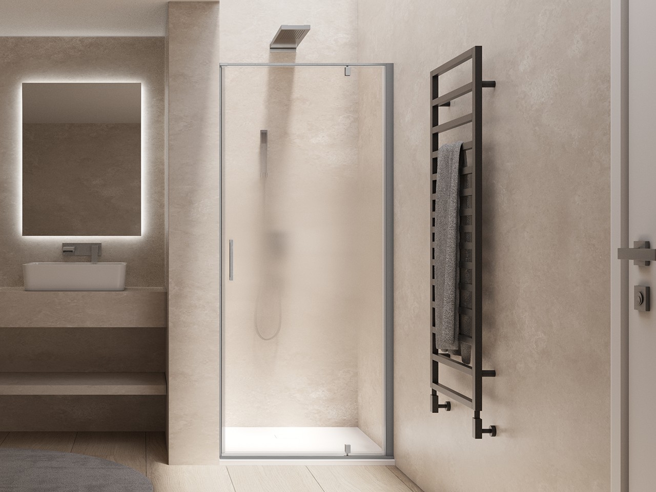 Porta Doccia Girevole Dado cm 70xH200 Est 67/69 Apertura a Destra Cristallo 8mm Sfumato Effetto Inox Spazzolato-69814