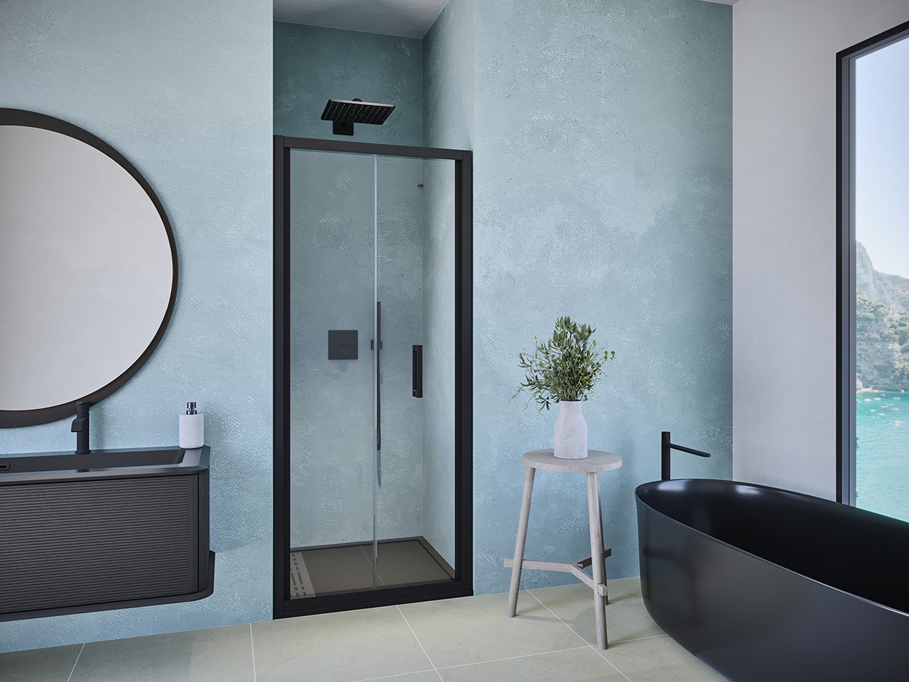 Porta Doccia a Soffietto Renu cm 100xH195 Est 94/100 Cristallo 6mm Trasparente Nero Opaco-70073