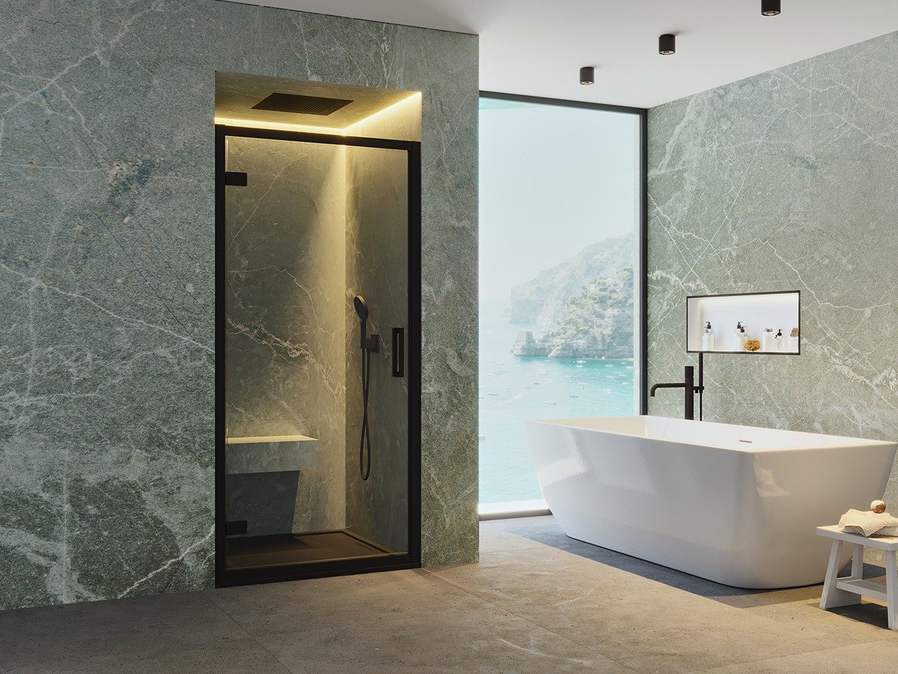 Porta Doccia a Battente Renu cm 100xH195 Est 94/100 Cristallo 8mm Trasparente Nero Opaco-70200