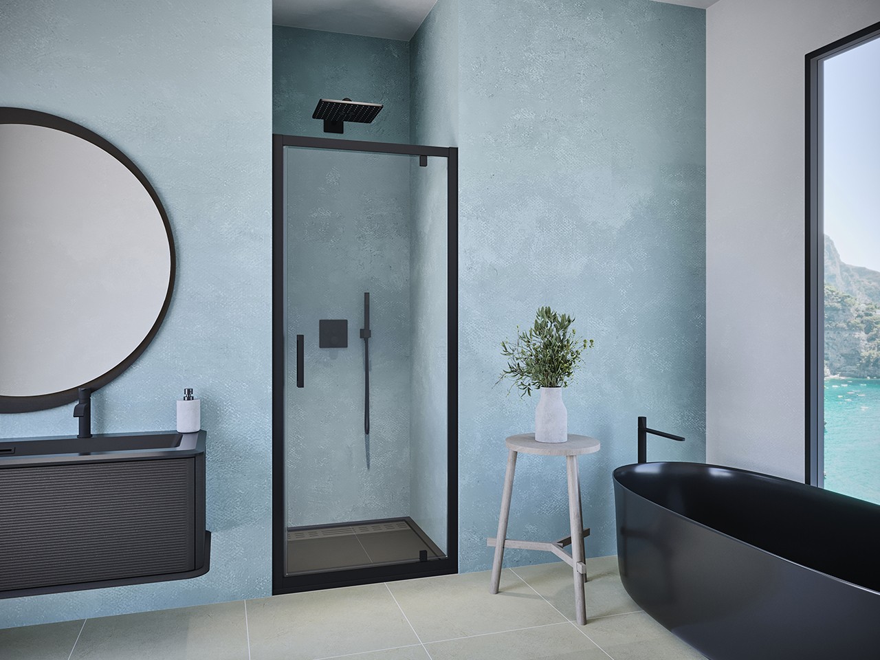 Porta Doccia a Battente Pivot Renu cm 90xH195 Est 84/90 Cristallo 8mm Trasparente Nero Opaco-70079