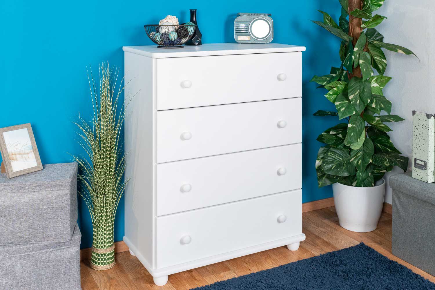 Cassettiera in pino massello bianco "Junco 144" - 100 x 80 x 42 cm (h x l x p)