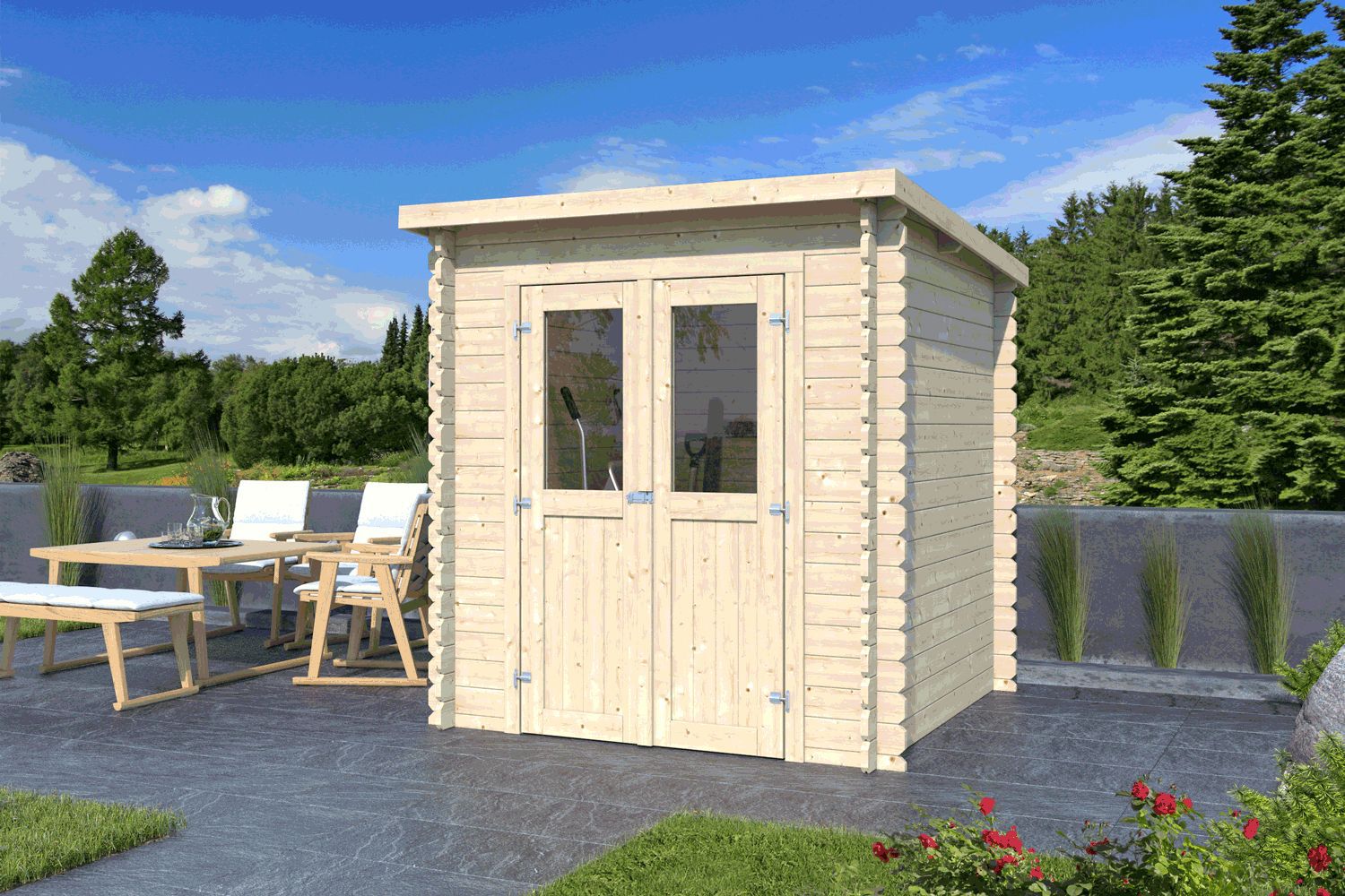 Casetta da giardino prefabbricata "Landau", spessore 19 mm, con tetto a una falda, incl. tetto in legno massiccio e cartone catramato, 198 x 208 cm (l x p)