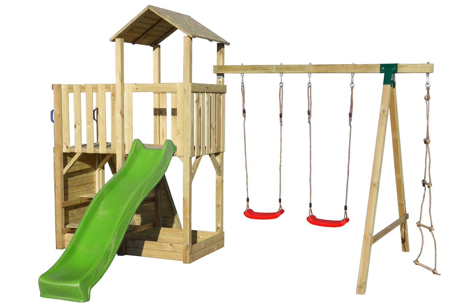 Torretta gioco "19" incl. scivolo a onde, parete da arrampicata, sabbiera, altalena doppia e scala in corda - 405 x 375 cm (l x p)