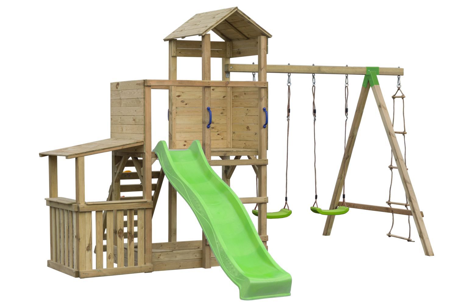 Torretta gioco "20" incl. scivolo a onde, sabbiera con copertura, altalena doppia, rampa da arrampicata e scala in corda - 450 x 370 cm (l x p)