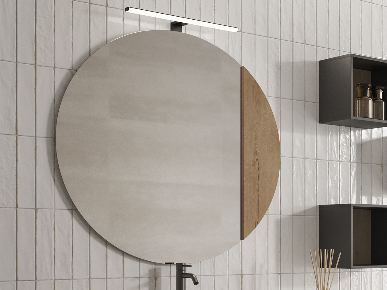 Specchio Bagno OXYGEN Ø 90 cm. con Inserto impiallacciato in legno naturale Rovere Nodi-9011180