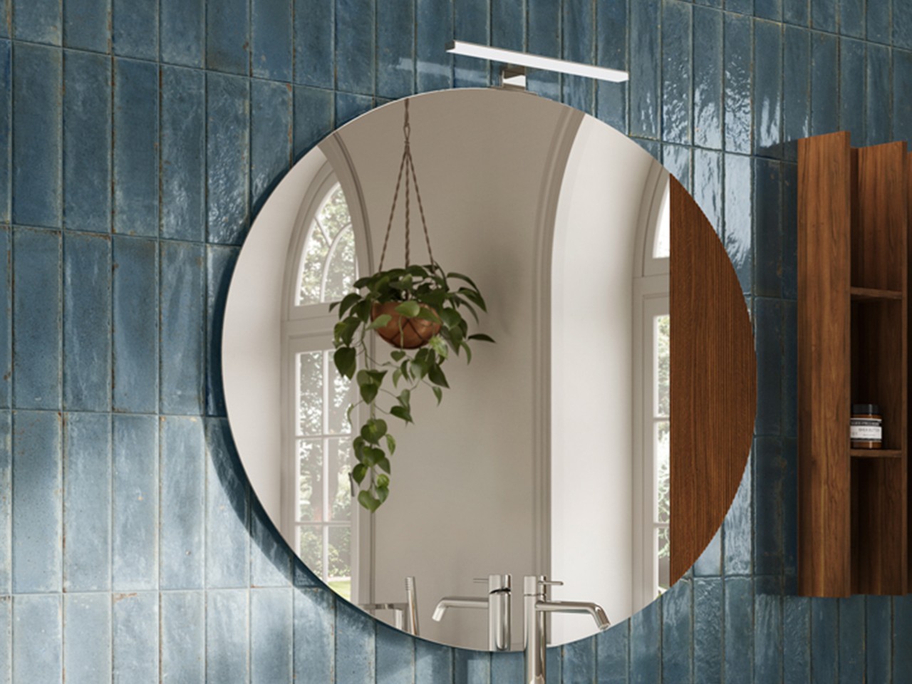 Specchio Tondo Sagomato BOHEME Ø 90 con Inserto Noce Canaletto Cannucciato-9011179