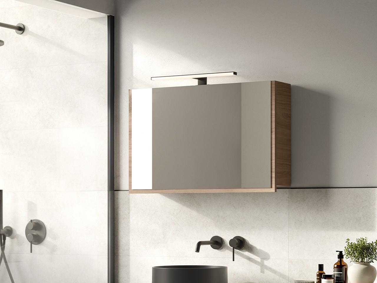 Specchio Contenitore LUMI L80xH51 cm Effetto Legno Poro Noce-79675