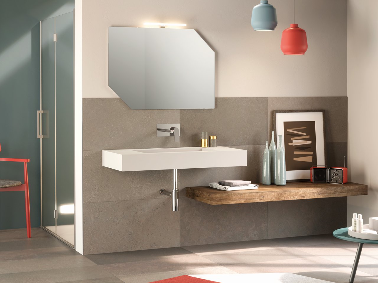 Mensola con Lavabo Bagno Integrato Topsy Unitop Cm. 100 Bianco Opaco-17675