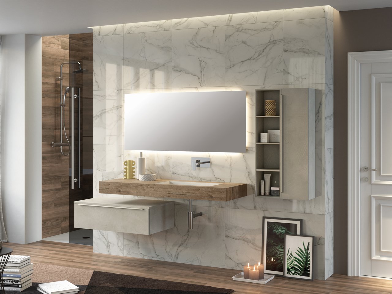 Mensola con Lavabo Bagno Integrato Dx Topsy Unitop Cm. 120 Natural Oak-19143