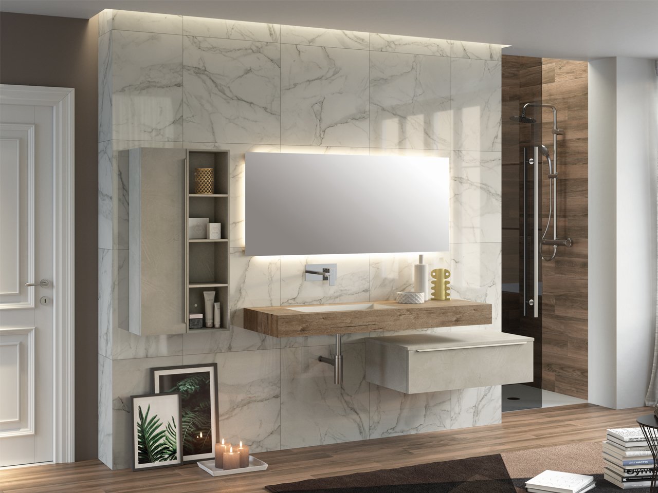 Mensola con Lavabo Bagno Integrato Sx Topsy Unitop Cm. 120 Natural Oak-19144