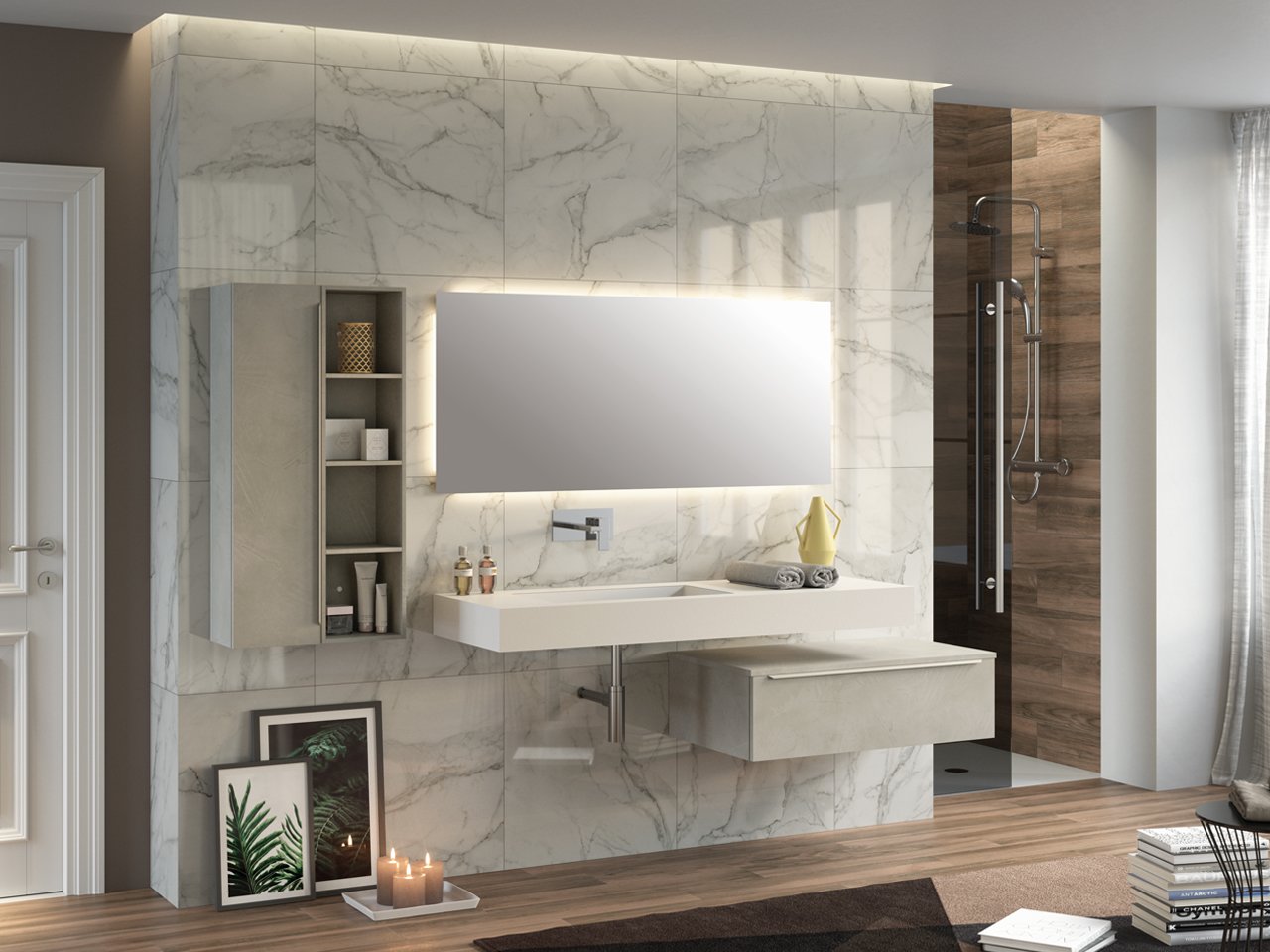 Mensola con Lavabo Bagno Integrato Sx Topsy Unitop Cm. 120 Bianco Opaco-19146