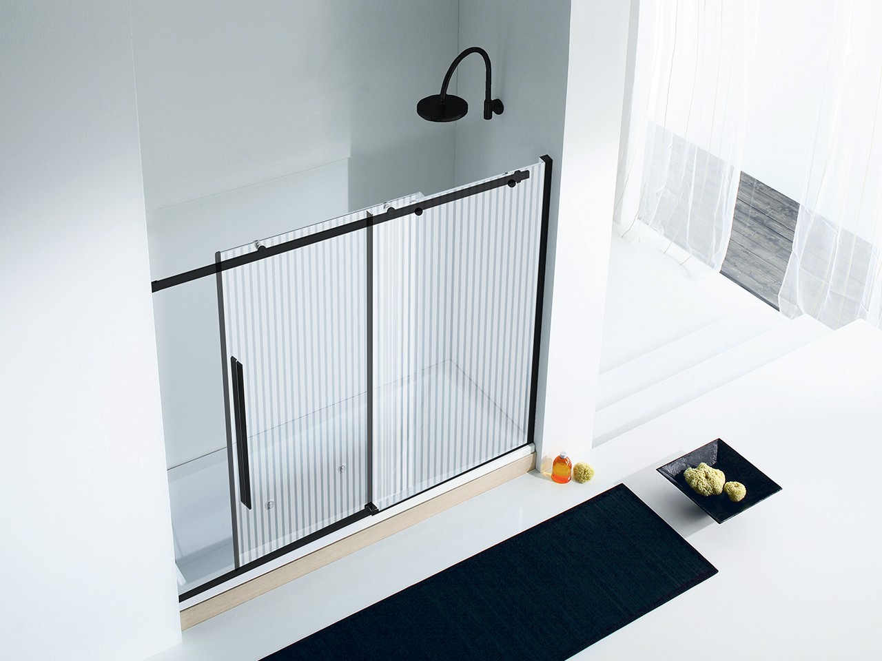 Porta Sopravasca Velo cm 170 H150 Anta Scorrevole Destra Cristallo Serigrafato Profili Nero Opaco-9011896