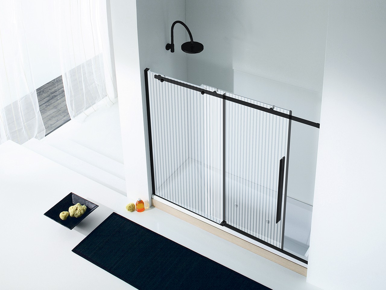 Porta Sopravasca Velo cm 170 H150 Anta Scorrevole Sinistra Cristallo Serigrafato Profili Nero Opaco-9011897