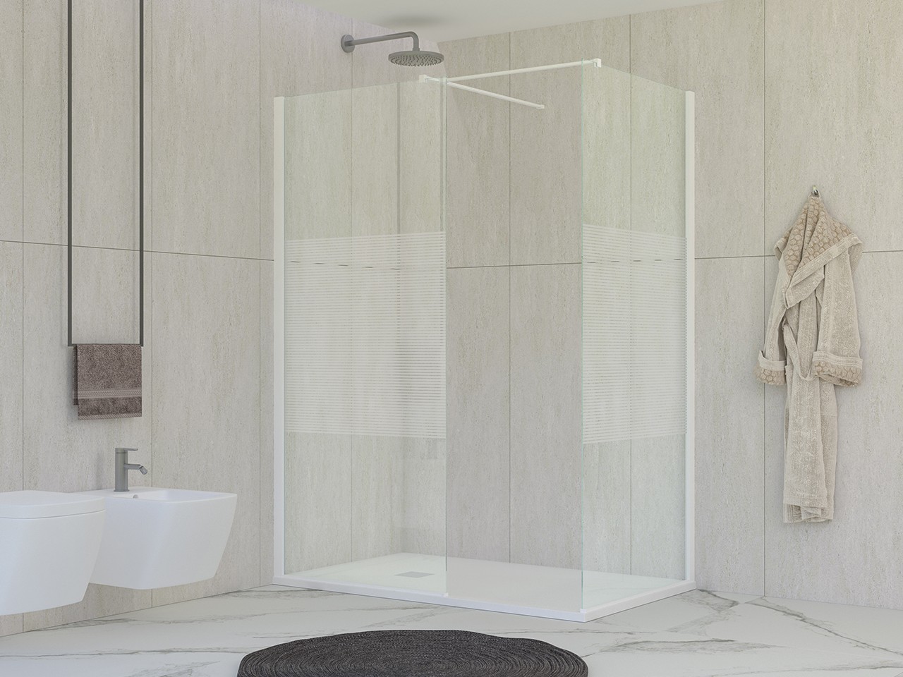 Walk-In Miro' 2 Lati 100x70 cm H200 Est 98,5/100-67,5/70 Cristalli 6 mm Trasparenti Strisce Oriz e Profili Bianco Opaco-9018018