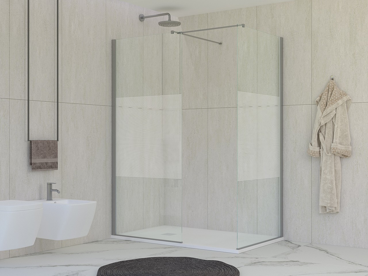 Walk-In Miro' 2 Lati 100x70 cm H200 Est 98,5/100-67,5/70 Cristalli 6 mm Trasparenti con Strisce Orizzontali e Profili Cromo-9017946