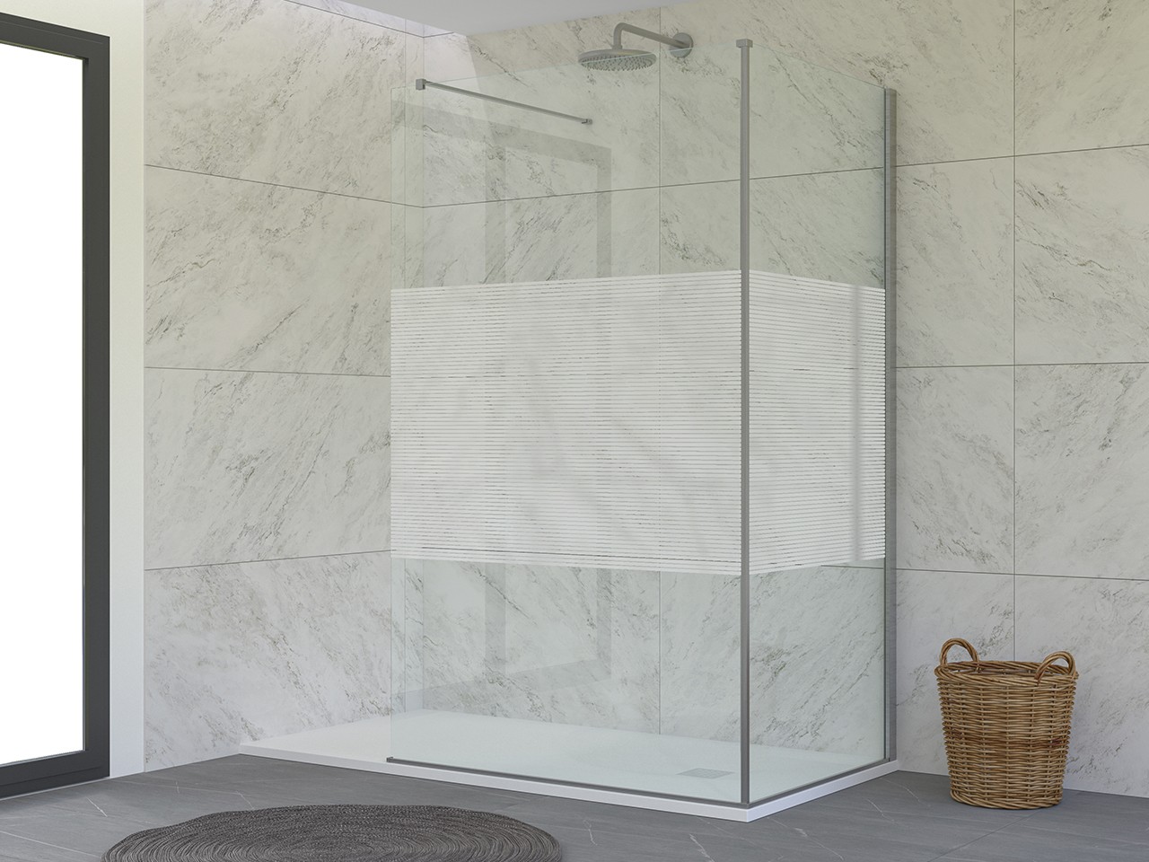 Walk-In Miro' 2 Lati Perpendicolari 109x70 cm H200 Est 68/70 Cristalli 6 mm Trasparenti con Strisce Orizzontali e Profili Cromo-9019058