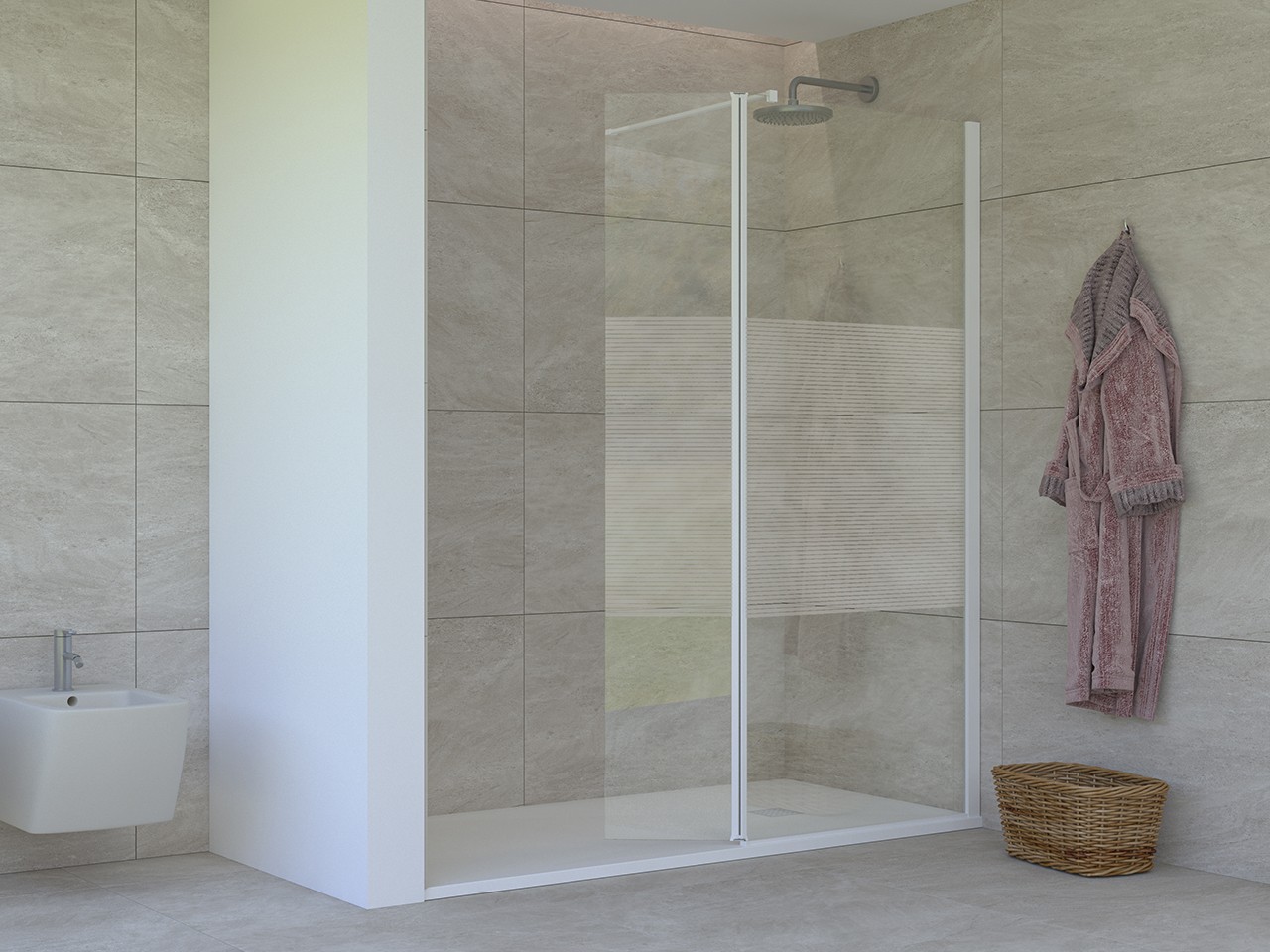 Walk-In Miro' 100 cm H200 Est 98,5/100 Destro con Aletta Cristalli 6 mm Trasparenti Strisce Oriz e Profili Bianco Opaco-73831