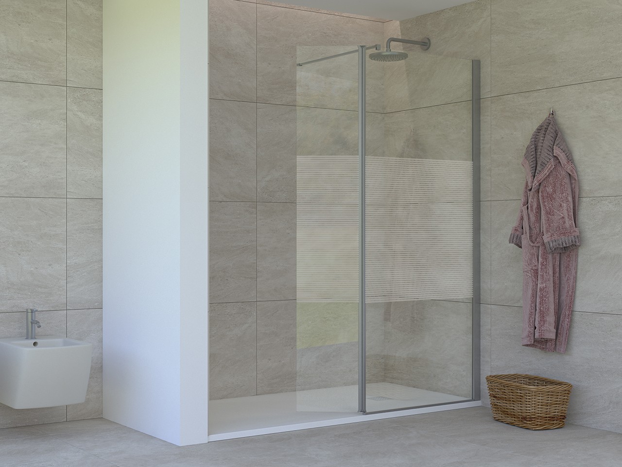 Walk-In Miro' 100 cm H200 Est 98,5/100 Destro con Aletta Cristalli 6 mm Trasparenti con Strisce Orizzontali e Profili Cromo-73832