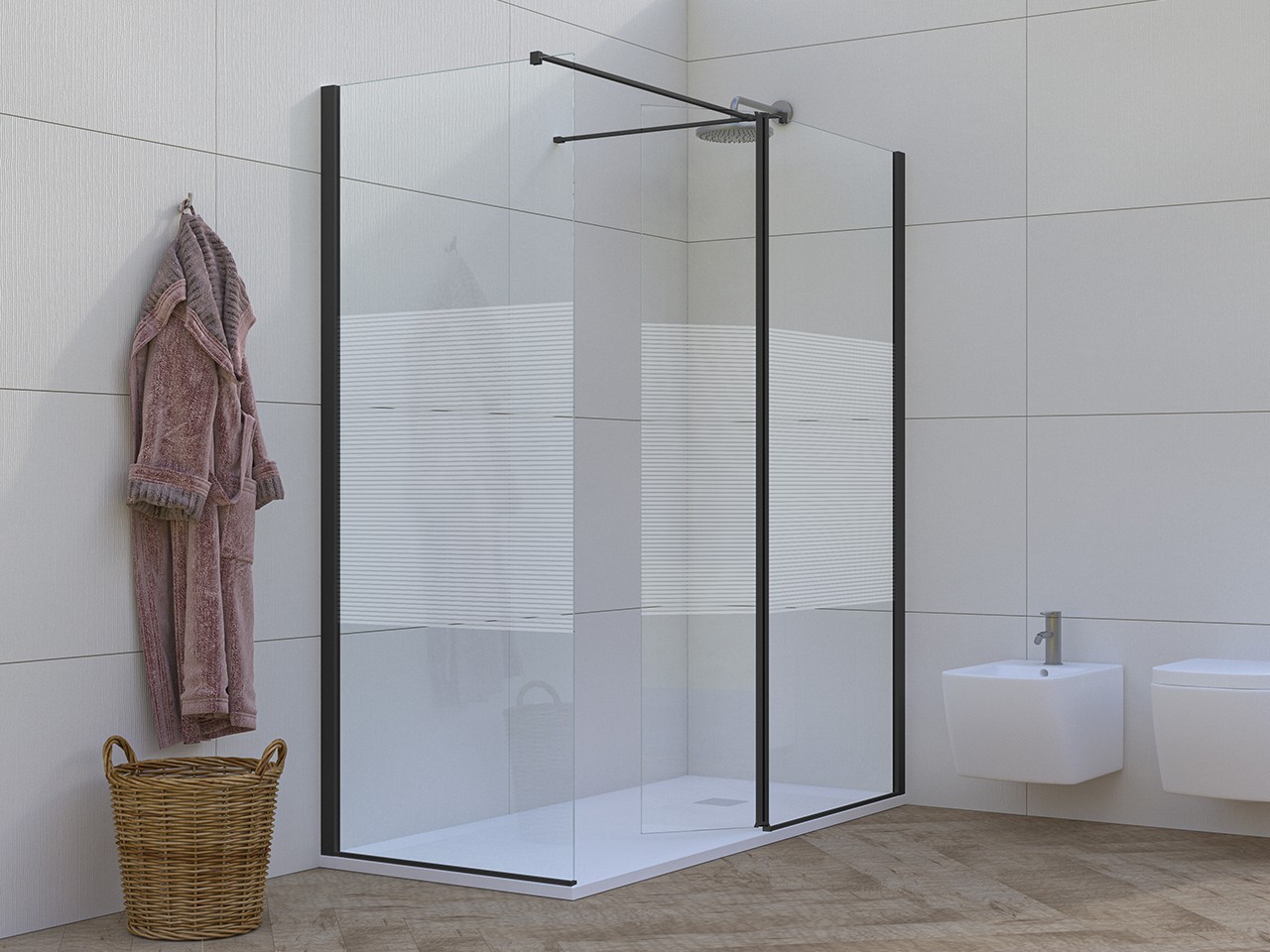 Walk-In Miro' 2 Lati 100x70 H200 Est 98,5/100-67,5/70 Destro Aletta Cristalli 6 mm Trasp Strisce Oriz e Profili Nero Opaco-9017731