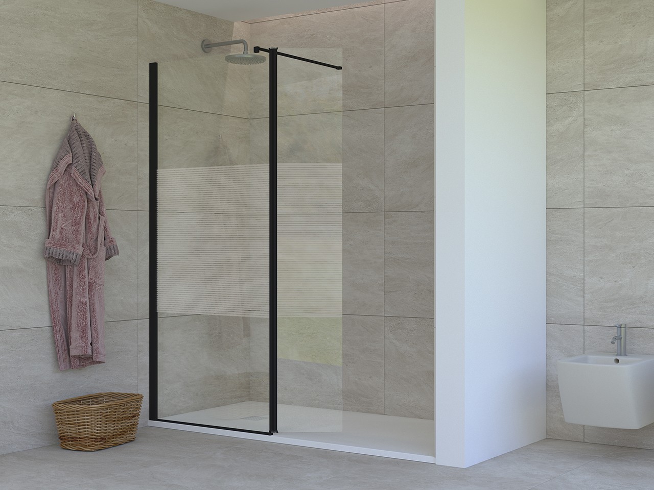 Walk-In Miro' 100 cm H200 Est 98,5/100 Sinistro con Aletta Cristalli 6 mm Trasparenti Strisce Oriz e Profili Nero Opaco-73836