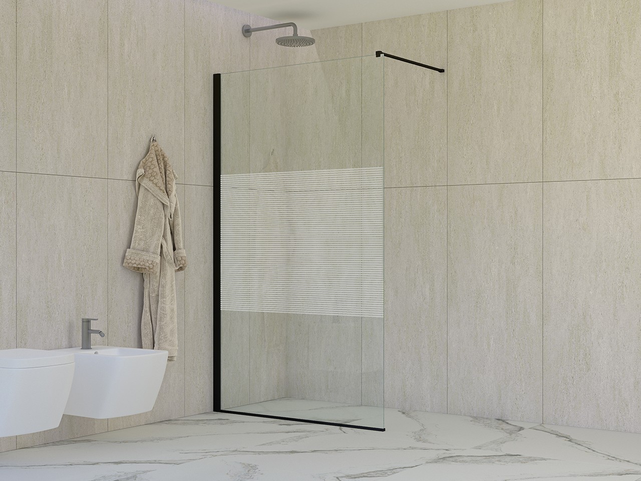 Walk-In Miro' 100 cm H200 Est 98,5/100 Cristalli 6 mm Trasparenti con Strisce Orizzontali e Profili Nero Opaco-74007