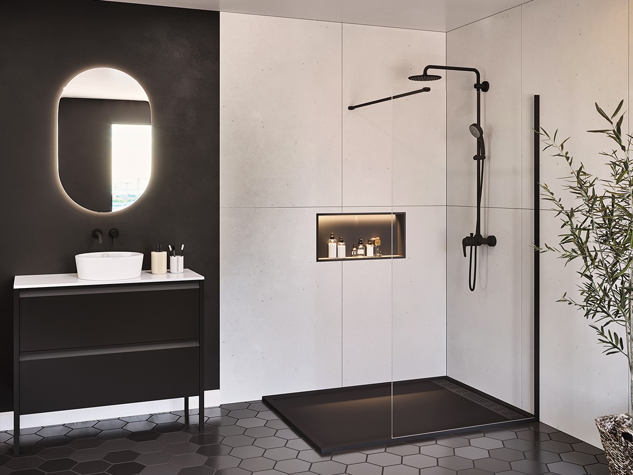 Doccia Walk in Renu 110 cm H200 Est 107,5/109 Cristallo 8 mm Trasparente Nero Opaco-70105