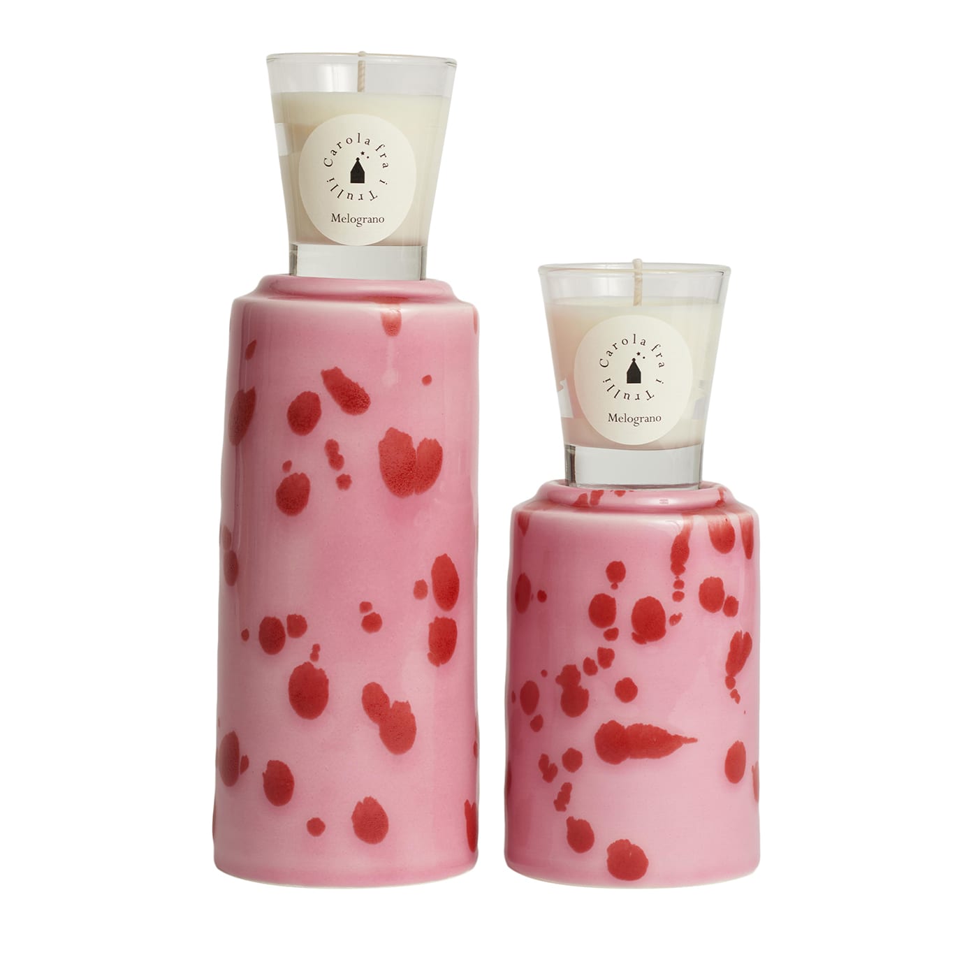 Set di 2 portacandele rosa con 4 candele fragranza melograno